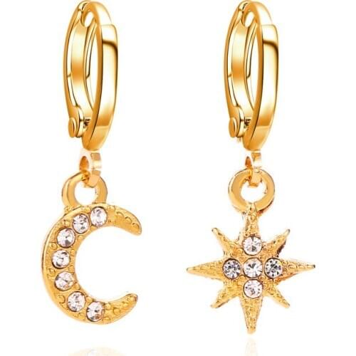 12 Pairs Gold Color Hoop Earrings Women Rhinestone Crescent Jewelry Asymmetric Stars Moon Charm Small Round Circle Loop Earring