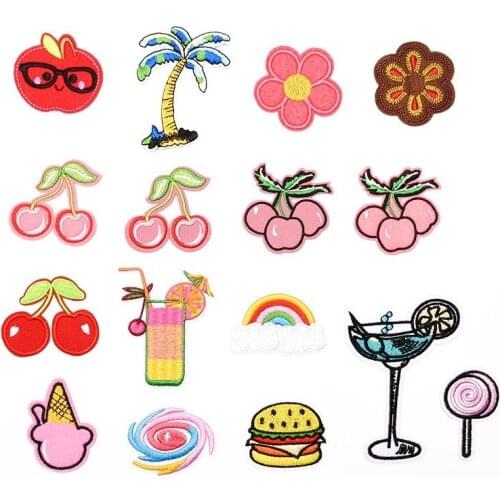 50pcs/lot Cherry Hamburger Drink Embroidery Patches Letters Clothing Decoration Accessories Diy Iron Heat Transfer Applique