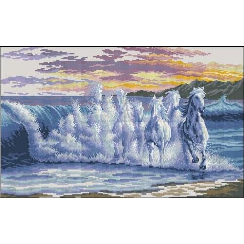 Lovely Gold Collection Counted Cross Stitch Kit The Wave Five Horses Horse and Water River Sea dim 35026