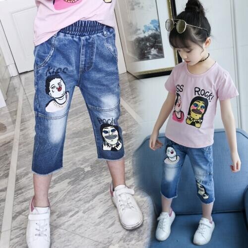 Children jeans shorts girls toddler classic leggings big child cartoon pants kids denim clothing summer trousers 3 to 14 years