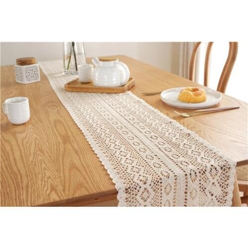 Pastoral Handmade Lace Tassel Table Runner Country Crochet Knitting Hollow Cotton Elegant Table Runner Dining Table Ornament