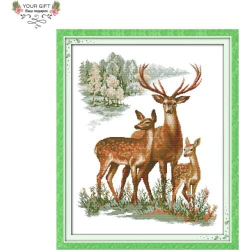 Joy Sunday A Sika Deer Family Home Decoration D682 14CT 11CT Stamped and Counted Animal Handcraft Embroidery Cross Stitch Kits