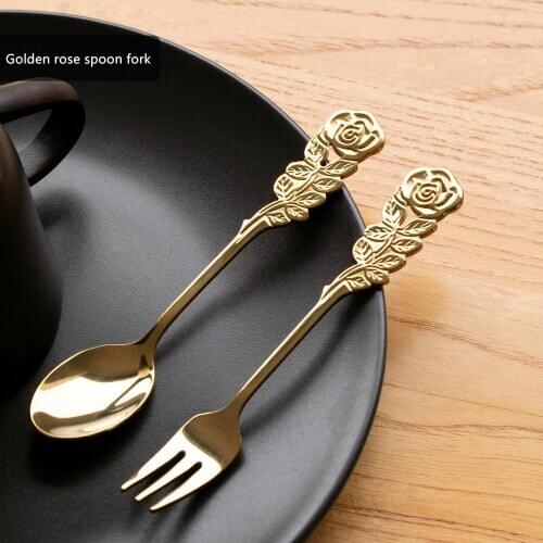 Creative Royal Rose Spoon Fork Coffee Stir European Retro Style Golden Spoon Fruit Fork Stainless Steel Dessert Specialty Spoons
