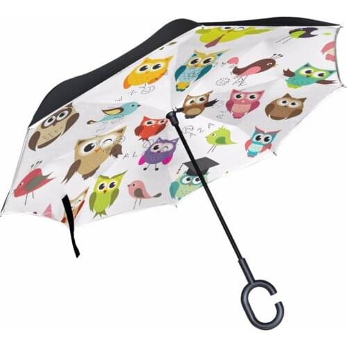 Cute Owls Print Windproof Sun Rain Reverse Umbrella Creative Fashion Customized Double Layer Self Stand Protection Umbrella