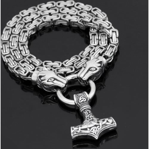 Men stainless steel viking oidn wolf head with thor hammer MJOLNIR pendant necklace -KING Chain