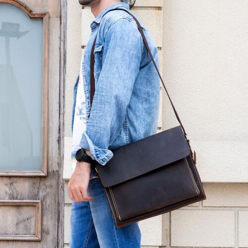 Mens Vintage Crazy horse leather messenger bag A4 Genuine leather 13inch laptop shoulder bag iPad Thick Cow leather school bag