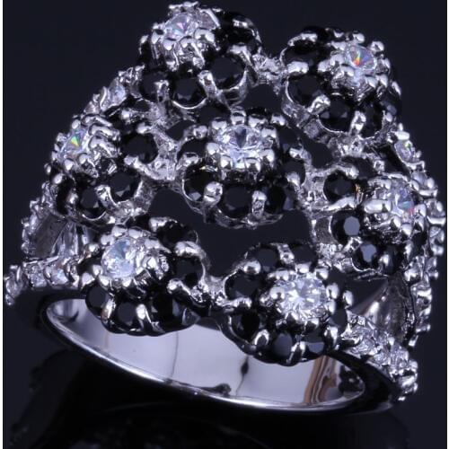 Heavenly Huge Flower Black Cubic Zirconia White CZ Silver Plated Ring V0547
