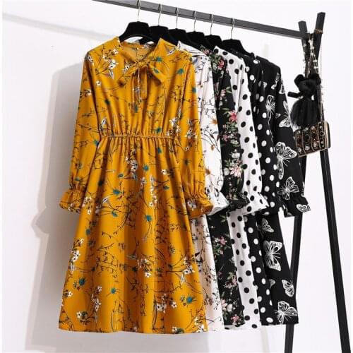 Autumn Dress Women Robe Femme Long Sleeve Floral Printed Korean Fashion Bow Elastic Waist Midi Dress For Woman Vestido De Mujer