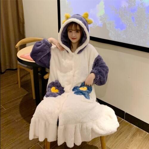 Sleepwear Women Winter Thickened Coral Velvet Cartoon Nightgown Casual Bathrobe Warm Nightdress New Home Service Hooded Robe