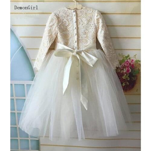 Puffy Tulle Lace Ball Gown Flower Girl Dresses Long Sleeve Princess Dress Children Wedding Party Dress First Communion