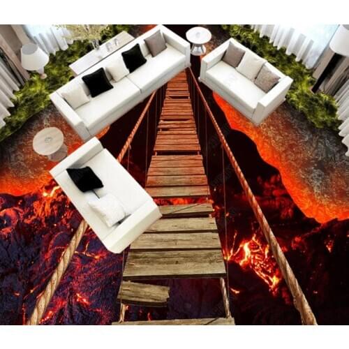 Self-adhesive Floor Wallpaper 3D Breathtaking Rope Bridge Volcano Lava Flooring Sticker bedroom Non-slip Waterproof Wall Papers