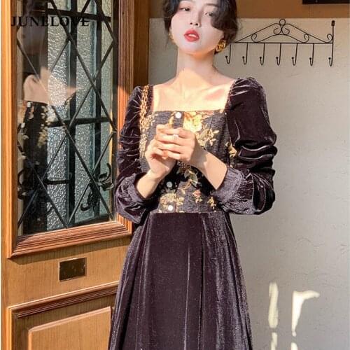 Vintage Velvet Black Dress Lady Square Collor Long Sleeve Eveing Party Midi Dress Women Casual One Piece Dress Korea 2021 Autumn