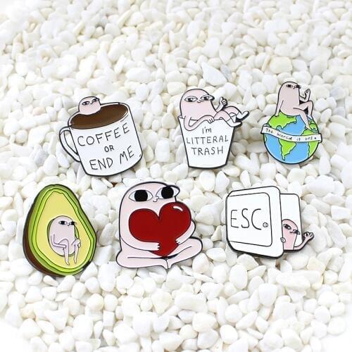Funny cartoon abstract character big eyes series brooch Avocado coffee ESC globe Text cup Enamel brooch Cute creative badge