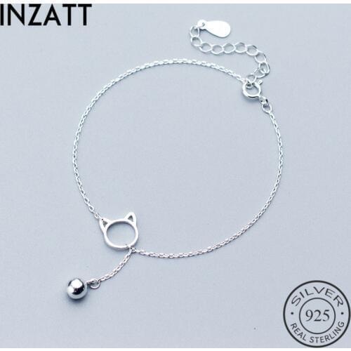 INZATT Minimalist Real 925 Sterling Silver Cute Hollow Cat Bell Charms Bracelet Fashion Jewelry For Women Party Accessories