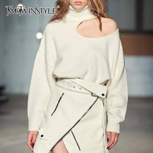 TWOTWINSTYLE Hollow Out Sweater For Women Turtleneck Long Sleeve Casual Loose Knitwear Female 2020 Autumn Fashion New Clothing