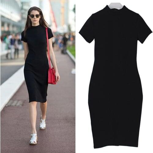Long T-shirt Dress Womens Summer Sexy Party Body Wrap Casual Retro Elegant Slit Knit Cotton Black Dresses Sundress