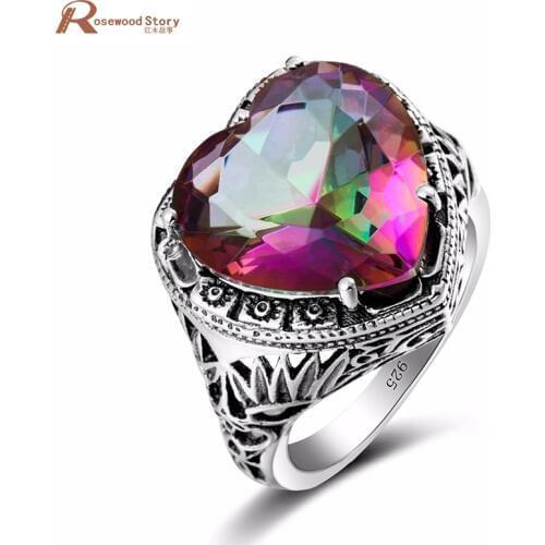 Elegant Heart Ring Fire Rainbow Mystic Topaz CZ Stone Wedding Jewelry 925 Sterling Silver Ring Engagement Promise Love Rings