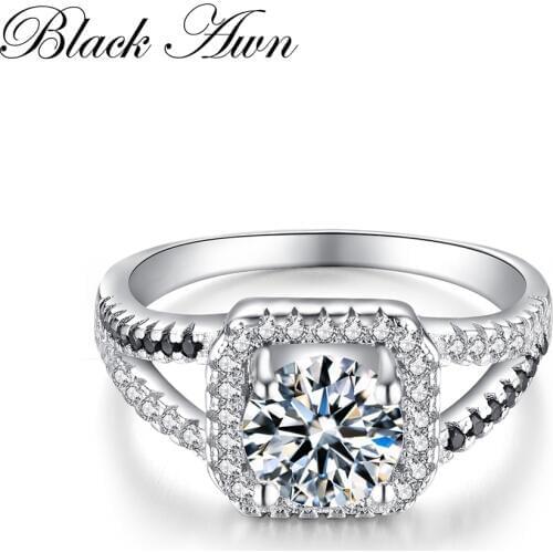 BLACK AWN 2020 New Wedding Rings for Women Genuine 925 Sterling Silver Jewelry Black&White Stone Square Femme Ring Bijoux C218