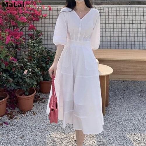 Korean Style V-Neck Elegant Dress Women Bandage Design Slim Vintage Dress 2021 Summer Chic Office Lady Chiffon Thin White Dress