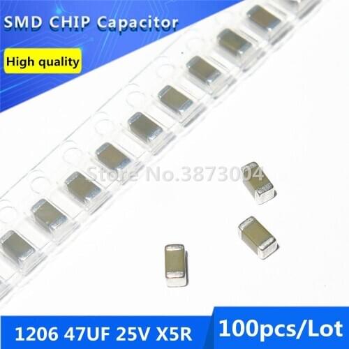 100pcs 1206 47UF 25V X5R 10% Thick Film Chip Multilayer Ceramic Capacitor