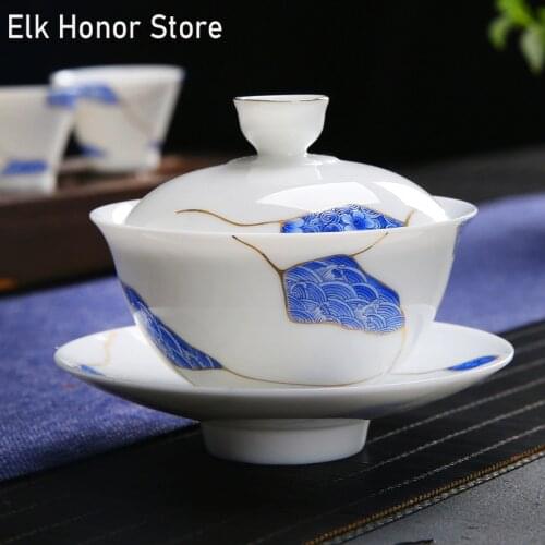 140ml White Jade Porcelain Tea Cup Ultramarine Leaf Gaiwan Ceramic Kung Fu Tea Bowl Travel Gaiwan Tea Ceremony Accessories Gift