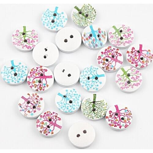 50pcs Mix Painting Tree 2 Hole Round Wooden Buttons For Clothing Scrapbooking Decoration Crafts Sewing Accessories Diy 15mm