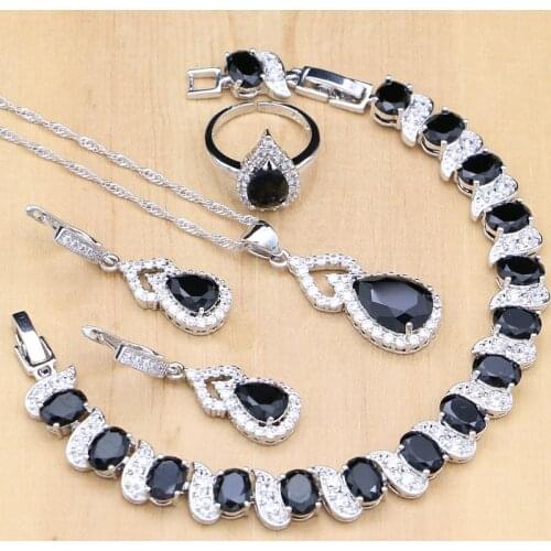 925 Silver Jewelry Black Stone White CZ Jewelry Sets For Women Party Earrings Pendant Open Rings Bracelet Necklace Set