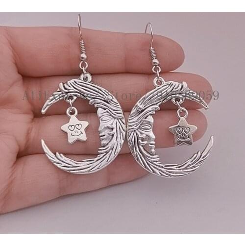 Large Moon Earrings, Star Face Earrings,Dangling Earrings,Celestial Jewellery,Star&Moon Jewelry,Boho Gift