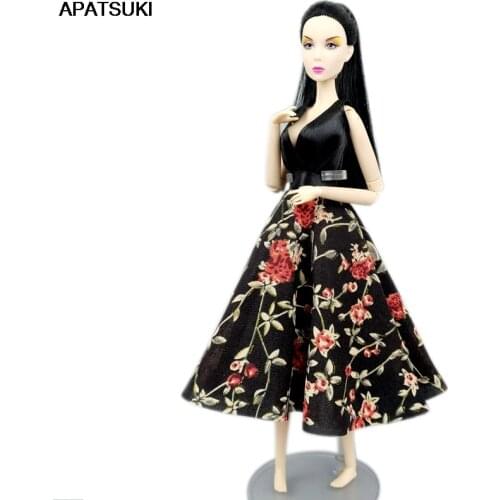 Black Floral Fashion Dress Outfits for Barbie Doll Clothes Party Gown Kids DIY Toys 1:6 Dollhouse Accessories Gift