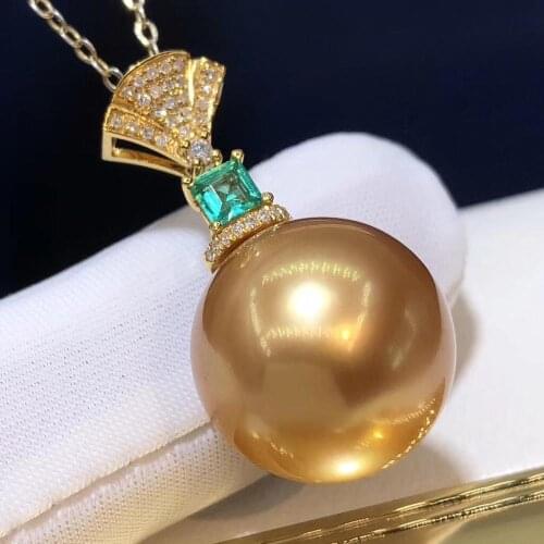 D717 Pearl Pendant Fine Jewelry Solid 18K Gold Round 13-14mm Nature Sea Water Golden Pearls Pendants Necklaces for Women