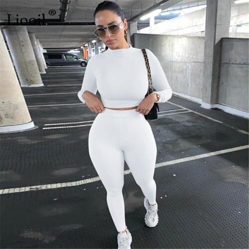 Liooil Two Piece Tight Set Outfits Tracksuit Women T Shirt Tops And Legging Pants Long Sleeve Sexy Jogger Bodycon Suit Sets
