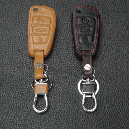 Kutery Leather Key Case Cover For Audi Sline A3 A4 A6 A6L A8 TT Q7 S6 3Buttons Remote Car Key Protector With Key Chain