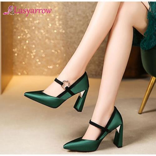 Lasyarrow Women High Heels Satin Platform Pumps Pointed toe Chunky Heel High Heels Ankle Strap Retro Style Sexy Shoes Woman J916