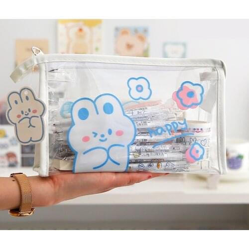 Cute Rabbit Clear PVC Zipper Pen Pencil Case Portable Travel Toiletry Bag Large Capacity Stationery