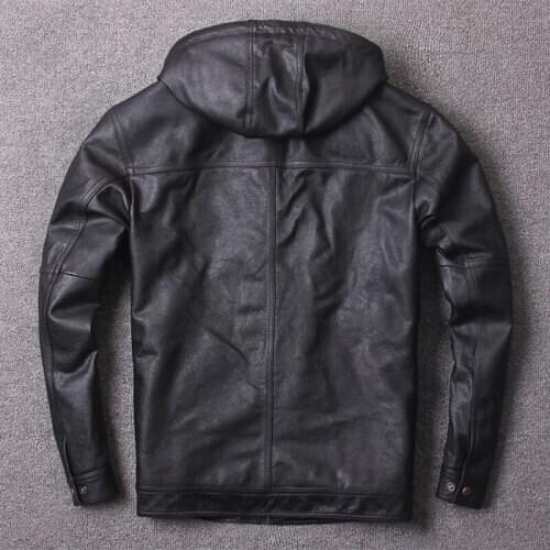 Fashion Casual Hooded Cow Genuine Leather Jacket Mens Hat Detachable Zipper Slim Nature Leather Jacket High Quality Black Coat
