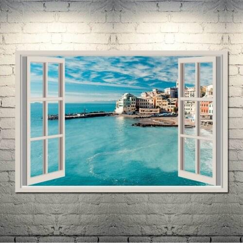 Sunny Beach Sunset Coconut Tree 3D Window Wall Design Art Canvas Painting Pictures Prints Home Living Room Decor Posters-016