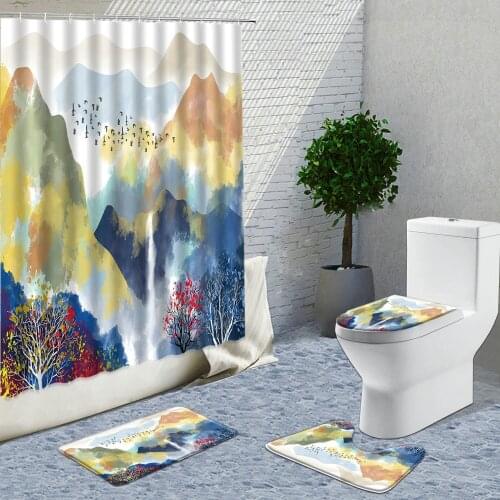 Chinese Style Shower Curtain Fabric 3D Bathroom 4 Pieces Set Hook Ink Painting Landscape Scenery Curtains Toilet Carpet Mat Rugs