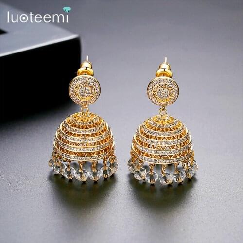 LUOTEEMI Splendent Indian Style Cubic Zirconia Drop Earrings for Women Wedding Party Bridal with Clear Breads Fashion Jewelry