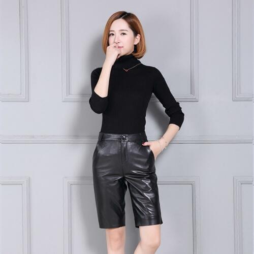 Genuine Leather Slim Fit High Waist Office Knee Length Shorts Women 2020 New OL Fashion Black Zip Shorts Femme Plus Size 4XL