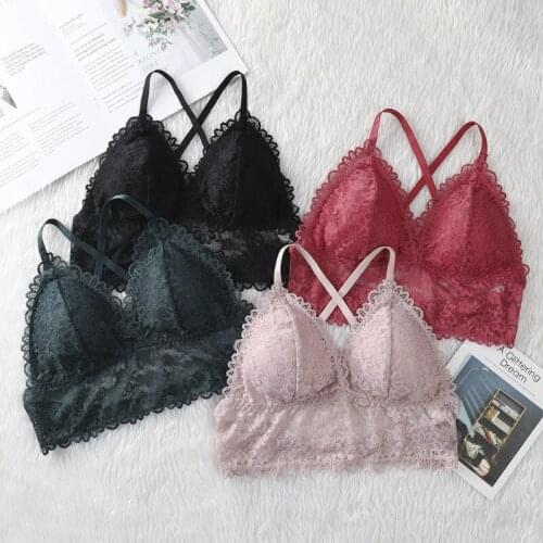 Women Sexy Lace Triangle Cup Deep V Neck Female Brassiere Breathable Soft Wireless Push Up Underwear Cropped Bralette Tops