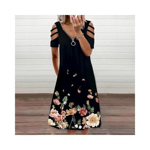 Female Printed Pullover Casual Loose A-line Short-sleeved Zipper V-neck Hollow Short-sleeved Dress Black Harajuku Splicing Dress