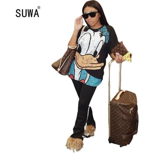SUWA Fashion Lovely Cartoon Print O Neck Short Sleeve Pullover T-shirt Wholesale Streetwear Women Pullover Tees Tops