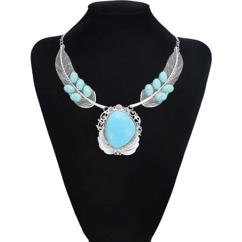 Bohemian Ethnic Big Choker Necklaces for Women Fashion Leaf Feather Pendants Necklaces Jewelry Chunky Vintage Indian Tribal Gift