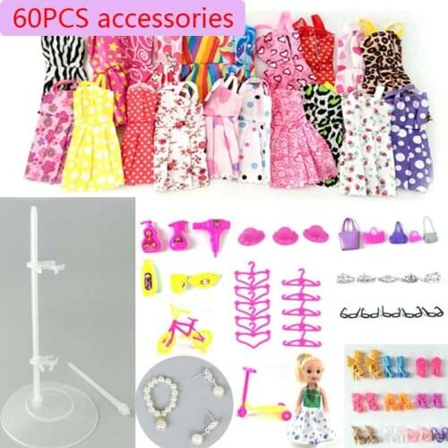60items/set Dolls Accessories Doll Shoes Outfits Dress Clothes Necklace Earring Glasses Handbag for Barbie Doll DIY Toy for Kids