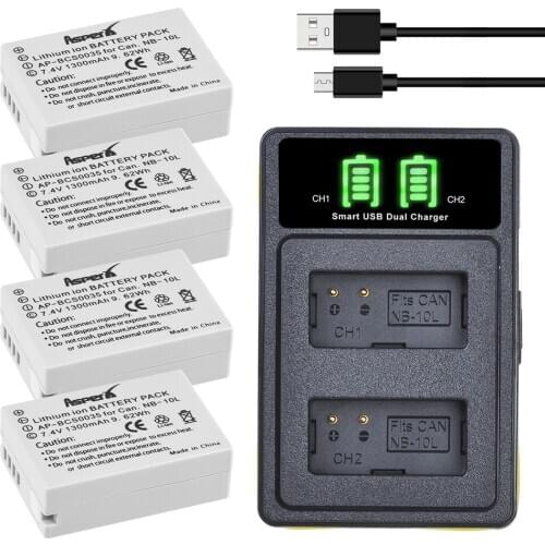 4Pcs NB-10L NB 10L Batteries + LED USB Dual Charger for Canon G1X G15 G16 SX40HS SX50HS SX60HS SX40 SX50 SX60 HS Bateria