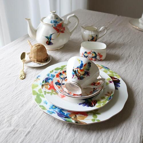 Bone China Multicolored Bird Hand Made Gold Edge Teapot Set/Afternoon Tea Set/Cup and Saucer/Milk Jug