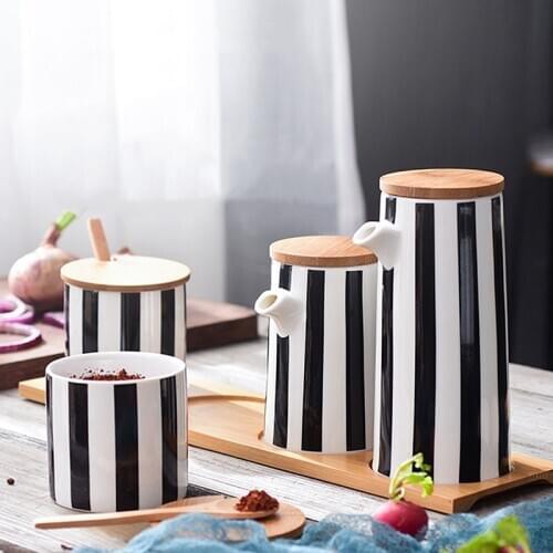 Nordic Ceramic Black and White Striped Spice Jar Set Salt Pepper Shaker Sugar Bowl Oil Soy Sauce Bottle Vinegar Pot Kitchen Tool