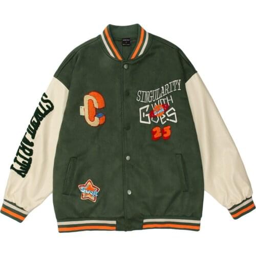 Towel Embroidery Letters Patchwork Single Breasted Bomber Jacket Men Color Stitching Suede Jacket Fashion Baseball Uniform Coats