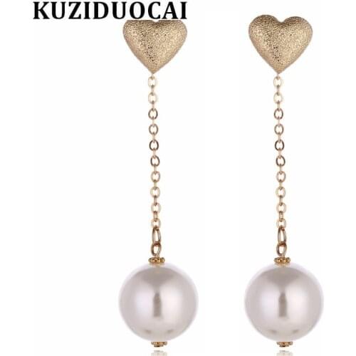 Kuziduocai 2018 New Fashion Fine Jewelry Copper Stainless Steel Ear Pin Big Pearl Love Heart Chain Stud Earrings For Women E-718