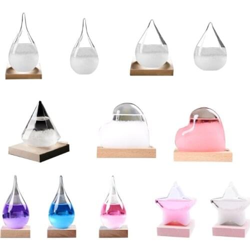 13MA Mini Desktop Droplet Storm Glass Bottle Weather Forecast Predictor Monitor Barometer With Wood Base For Home Decor